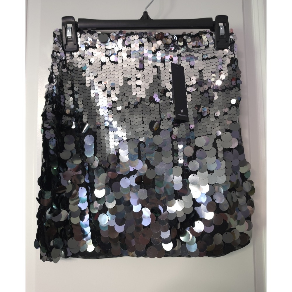 Lulus Women's Black/Silver Sequin Mini Skirt High Rise Lined Zip Size XS NWT
